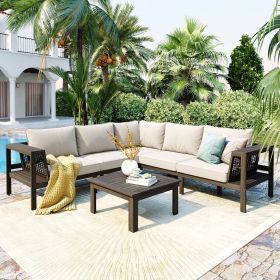 GO 4 Pieces Outdoor Acacia Wood Sofa Set, Woven Mesh Armrests, L-Shaped Patio Furniture Sofa Set with Coffee Table, Outdoor Conversation Set with Beig