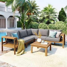 GO 4 Pieces Outdoor Acacia Wood Sofa Set, Woven Mesh Armrests, L-Shaped Patio Furniture Sofa Set with Coffee Table, Outdoor Conversation Set with Gray
