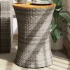 Patio Side Table Drum Shape Gray Poly Rattan and Solid Wood