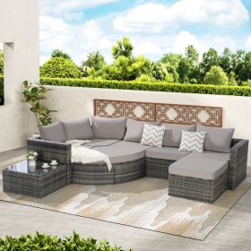 8 Piece Outdoor Patio Sofa Set, Sectional L- Shaped Patio Furniture Wicker Patio Conversation Set with Curved Sofa Ottoman & Glass Top Table for Backy