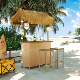 GO Hawaiian-style Bar Height Patio Set with PE Grass Canopy, Outdoor Bar Table and Stools with Adjustable Feet, Acacia Wood Top, for Dining and Drinki