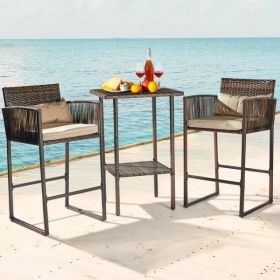 Outdoor 3 Piece Patio Bar Set, Bar Height Bistro Table Set for 2 People, High Top Wicker Bar Stools and Table Outdoor Bar Set with Cushions and Pillow