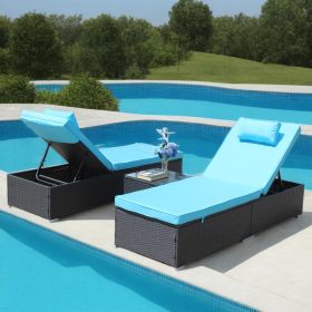 3-Piece Outdoor Patio Furniture Set Chaise Lounge, Patio Reclining Rattan Lounge Chair Chaise Couch Cushioned with Glass Coffee Table, Adjustable Back
