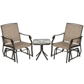 Outsunny 3 Piece Outdoor Glider Chair with Coffee Table Bistro Set, 2 Patio Rocking Swing Chairs with Breathable Sling Fabric, Glass Tabletop, for Bac