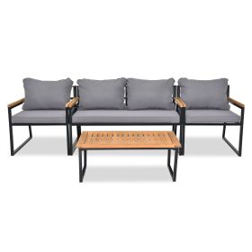 4 Piece Outdoor Patio Lounge Conversation Set, Metal Frame with Acacia Wood Armrest & Tabletop Furniture Set for Backyard Balcony Deck with Soft Cushi