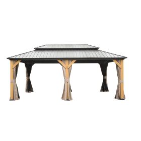 12'x20' Hardtop Gazebo, Outdoor Cedar Wood Frame Canopy with Galvanized Steel Double Roof, Outdoor Permanent Metal Pavilion with Curtains and Netting
