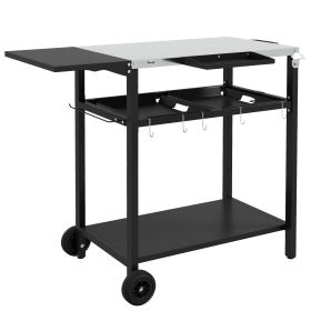 Outsunny Outdoor Bar Cart with Stainless Steel Tabletop, Kitchen Island with Wheels, 2 Tiers & Seasoning Shelf, Patio Serving Cart with Hooks, Towel &