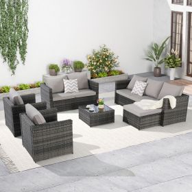 5 Piece Patio Furniture Set,Outdoor Wicker Rattan Sofa Conversation Set All Weather Patio Sectional Sofa Set with Glass Table, Cushions and Pillows fo