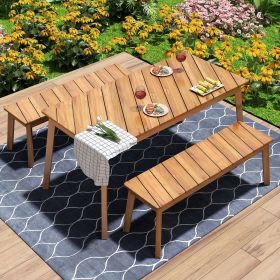 3 Pieces Acacia Wood Table Bench Dining Set For Outdoor & Indoor Furniture With 2 Benches, Picnic Beer Table for Patio, Porch, Garden, Poolside, Natur