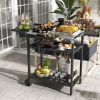 Outsunny Outdoor Bar Cart with Stainless Steel Tabletop, Kitchen Island with Wheels, 2 Tiers & Seasoning Shelf, Patio Serving Cart with Hooks, Towel &