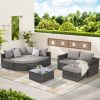 8 Piece Outdoor Patio Sofa Set, Sectional L- Shaped Patio Furniture Wicker Patio Conversation Set with Curved Sofa Ottoman & Glass Top Table for Backy