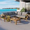 GO 4 Pieces Outdoor Acacia Wood Sofa Set, Woven Mesh Armrests, L-Shaped Patio Furniture Sofa Set with Coffee Table, Outdoor Conversation Set with Gray