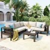 GO 4 Pieces Outdoor Acacia Wood Sofa Set, Woven Mesh Armrests, L-Shaped Patio Furniture Sofa Set with Coffee Table, Outdoor Conversation Set with Beig