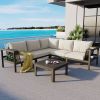GO 4 Pieces Outdoor Acacia Wood Sofa Set, Woven Mesh Armrests, L-Shaped Patio Furniture Sofa Set with Coffee Table, Outdoor Conversation Set with Beig