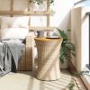 Patio Side Table Drum Shape Beige Poly Rattan and Solid Wood