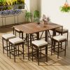 GO 10-Piece Outdoor Acacia Wood Bar Height Table And Eight Stools With Cushions, Garden PE Rattan Wicker Dining Table, Foldable Tabletop, High-Dining