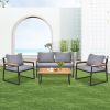 4 Piece Outdoor Patio Lounge Conversation Set, Metal Frame with Acacia Wood Armrest & Tabletop Furniture Set for Backyard Balcony Deck with Soft Cushi