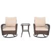 3 Pieces Patio Furniture Set, Outdoor Swivel Gliders Rocker, Wicker Patio Bistro Set with Rattan Rocking Chair, Glass Top Side Table and Thickened Cus