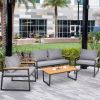 4 Piece Outdoor Patio Lounge Conversation Set, Metal Frame with Acacia Wood Armrest & Tabletop Furniture Set for Backyard Balcony Deck with Soft Cushi