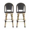 29.5" Outdoor PE Rattan and Aluminum French Barstools, Set of 2, Black and Bamboo Finish