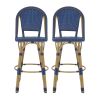 29.5" Outdoor PE Rattan and Aluminum French Barstools, Set of 2, Navy Blue and Bamboo Finish