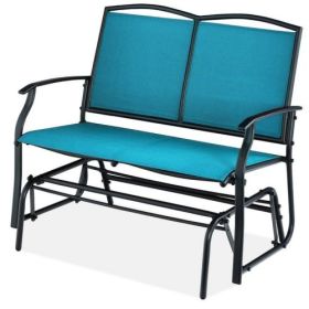 2 Seat Mesh Patio Loveseat Swing Glider Rocker with Armrests in Black (Color: Blue)