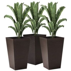 Set of 3 - Grey Faux Rattan Plastic Tall Large Flower Pots (Color: Brown)