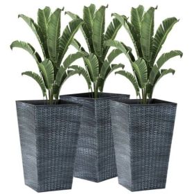Set of 3 - Grey Faux Rattan Plastic Tall Large Flower Pots (Color: gray)
