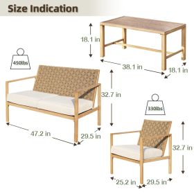 4 Pieces Metal Patio Furniture Set, Hand-Made Drawstring Outdoor Patio Conversation Sets Outside loveseat with Soft Cushion for Garden, Backyard, Porc (Main Color: Wood, Main Material: Iron)