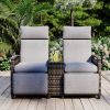 GO Patio Recliner Loveseat Chair, Adjustable Backrest Wicker Outdoor Lounge Chair Set with Acacia Wood Armrests and Built-in Storage Table for Balcony