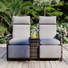 GO Patio Recliner Loveseat Chair, Adjustable Backrest Wicker Outdoor Lounge Chair Set with Acacia Wood Armrests and Built-in Storage Table for Balcony (Color: as Pic)
