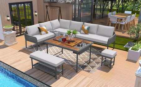 K&K 6-Piece Rope Patio Furniture L-Shaped Set, Outdoor Sectional Sofa Set with Acacia Wood Table with Ice Box, Rope Benches, Rope Conversation Set wit (Color: as Pic)