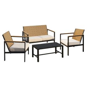 4 Pieces Metal Patio Furniture Set, Hand-Made Drawstring Outdoor Patio Conversation Sets Outside loveseat with Soft Cushion for Garden, Backyard, Porc (Main Color: Black + Dark Walnut, Main Material: Iron)