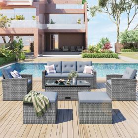 6-piece All-Weather Wicker PE rattan Patio Outdoor Dining Conversation Sectional Set with coffee table, wicker sofas, ottomans, removable cushions (Bl (Color: gray)