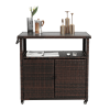 Outdoor Wicker Bar Cart, Patio Wine Serving Cart w/Wheels , Rolling Rattan Beverage Bar Counter Table w/Glass Top for Porch Backyard Garden Poolside P