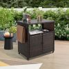 Outdoor Wicker Bar Cart, Patio Wine Serving Cart w/Wheels , Rolling Rattan Beverage Bar Counter Table w/Glass Top for Porch Backyard Garden Poolside P