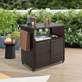 Outdoor Wicker Bar Cart, Patio Wine Serving Cart w/Wheels , Rolling Rattan Beverage Bar Counter Table w/Glass Top for Porch Backyard Garden Poolside P (Color: as Pic)