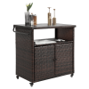 Outdoor Wicker Bar Cart, Patio Wine Serving Cart w/Wheels , Rolling Rattan Beverage Bar Counter Table w/Glass Top for Porch Backyard Garden Poolside P