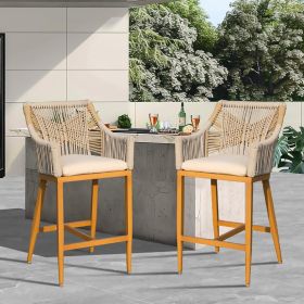 Bar Stools Set of 2, Outdoor Counter Height Bar Chairs with Arm and Backrest, Aluminum Tall Bar stools with Cushion Modern Textilene Rope Boho Barstoo (Color: as Pic)