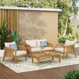 4-Pieces Acacia Wood Patio Furniture Set, Outdoor Furniture with Coffee Table, Patio Conversation Set Deep Seating with Soft Cushion, Porch Chairs for (Color: as Pic)