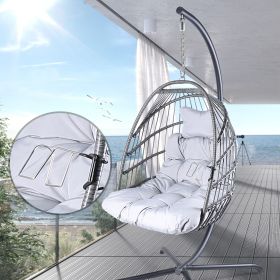 Swing Egg Chair with Stand Indoor Outdoor, UV Resistant Cushion Hanging Chair with Guardrail and Cup Holder, Anti-Rust Foldable Aluminum Frame Hammock (Color: gray)