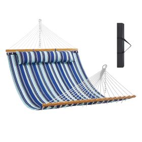 VEVOR Double Quilted Fabric Hammock, 12 FT Double Hammock with Hardwood Spreader Bars, 2 Person Quilted Hammock with Detachable Pillow and Chains for (Color: Blue-Green Color Scheme, Type of Support: Without Bracket)