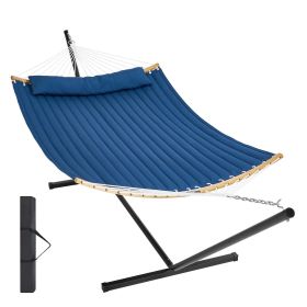 VEVOR Two Person Hammock with Stand Included, Double Hammock with Curved Spreader Bar and Detachable Pillow and Portable Carrying Bag, Perfect for Out (Color: Blue, Type of Support: T Type)