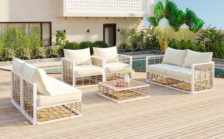 TOPMAX Modern Minimalist 7-Piece Metal Patio Sectional Sofa Set, All-Weather Garden Conversational Furniture Set with Thick Cushions and Coffee Table (Color: as Pic)