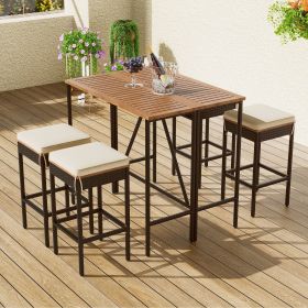 GO 5-Piece Outdoor Acacia Wood Bar Height Table And Four Stools With Cushions, Garden PE Rattan Wicker Dining Table, Foldable Tabletop, High-Dining Bi (Color: as Pic)