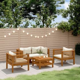 5 Piece Patio Lounge Set with Cream Cushion Solid Acacia Wood (Color: Cream)