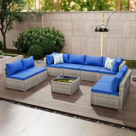 9 Pieces Outdoor Patio Furniture Set, Wicker Patio Conversation Sectional Sofa Set, All Weather PE Rattan Sofa with Glass Table and Cushions (Color: Grey base & blue cushion)