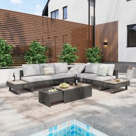 6-Person Patio Sectional Furniture Set with Extendable Coffee Table with Ice Bucket, Collapsible Seat,Conversation Set with Side Table and Deep Cushio (Color: gray)