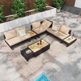 6-Person Patio Sectional Furniture Set with Extendable Coffee Table with Ice Bucket, Collapsible Seat,Conversation Set with Side Table and Deep Cushio (Color: Khaki Brown)