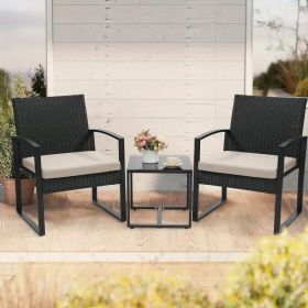 3 Piece Outdoor Furniture Set, 2 Waterproof Chairs and 1 Bistro Table Furniture Set, Wicker Rattan Conversation Set, Padded Cushions with Safety Glass (Color: Black Rattan Gray Floor Mat)